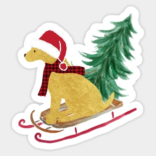 Golden Retriever Christmas Sled Bringing Home The Tree Sticker